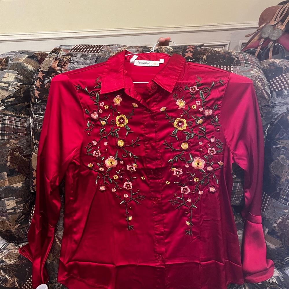 Red Floral Embroidered Women's Top